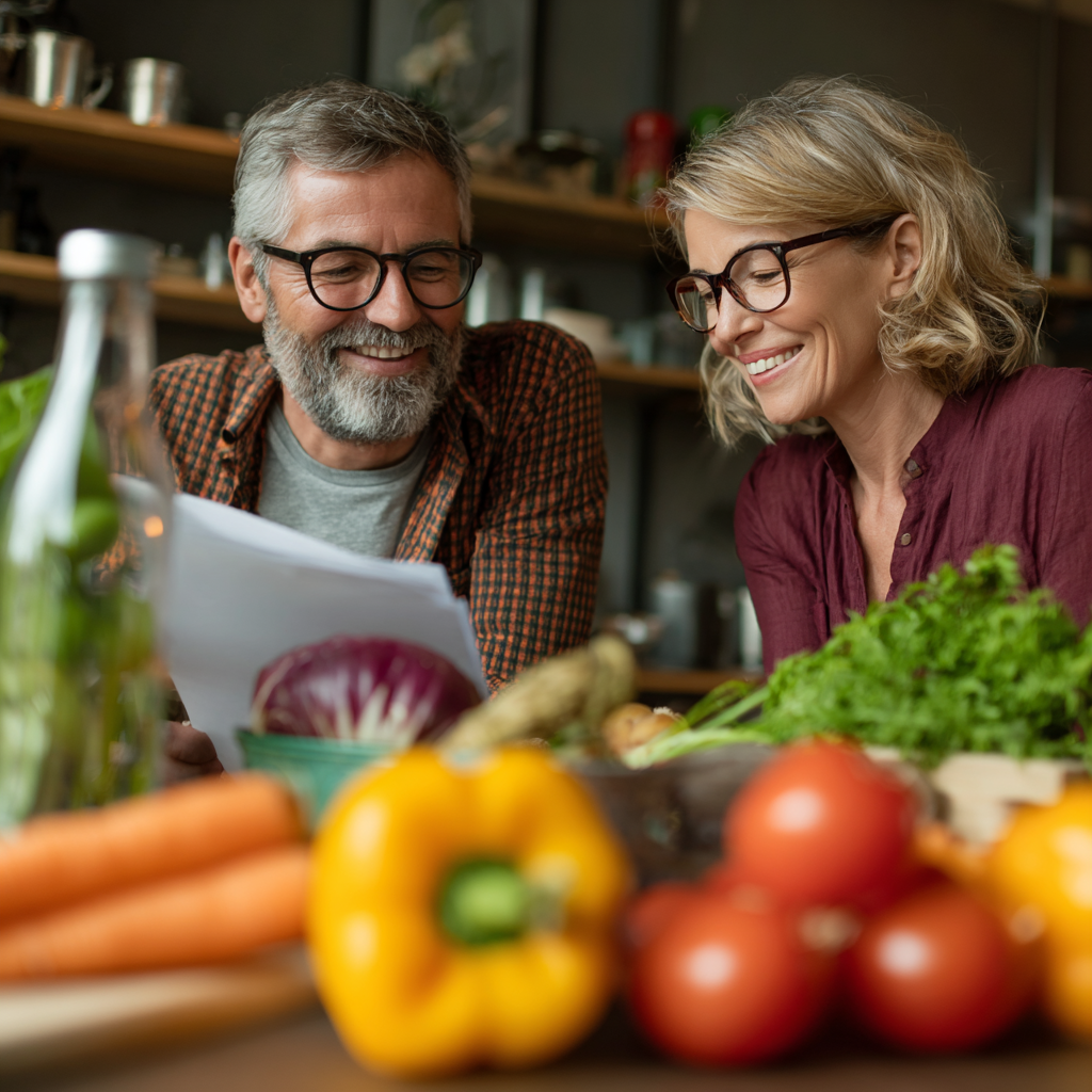 Smiling Polish adults enjoying healthy meal planning session with fresh ingredients and nutritional guides