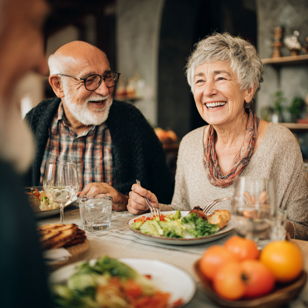 Happy Polish adults reviewing weekly meal plans with colorful nutritious ingredients arranged on kitchen counter