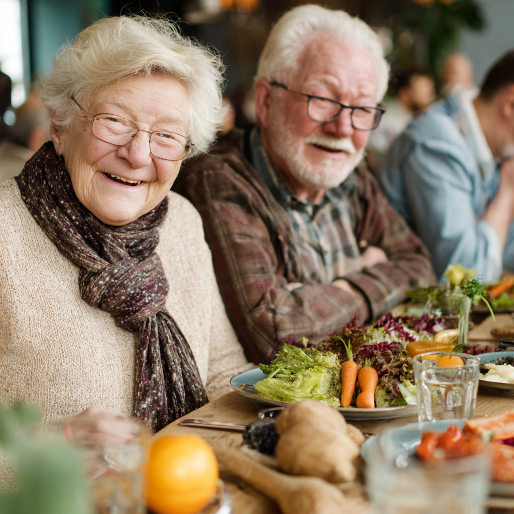 Diverse group of Polish adults sharing healthy meal together, laughing and enjoying balanced nutrition without restrictions